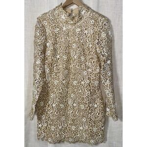 Venus Women's Sz 16 Gold White Lace Long Sleeve Mock Neck Mini Dress NWT